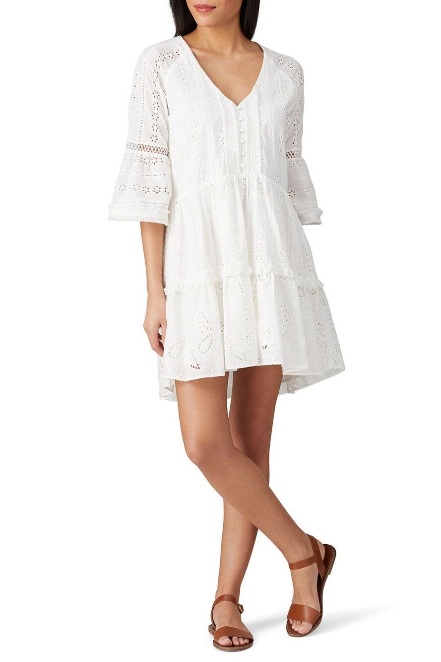 N12H White Cotton Eyelet Pure Peasant Three Quarter Sleeve Poppy Dress XS US 0
